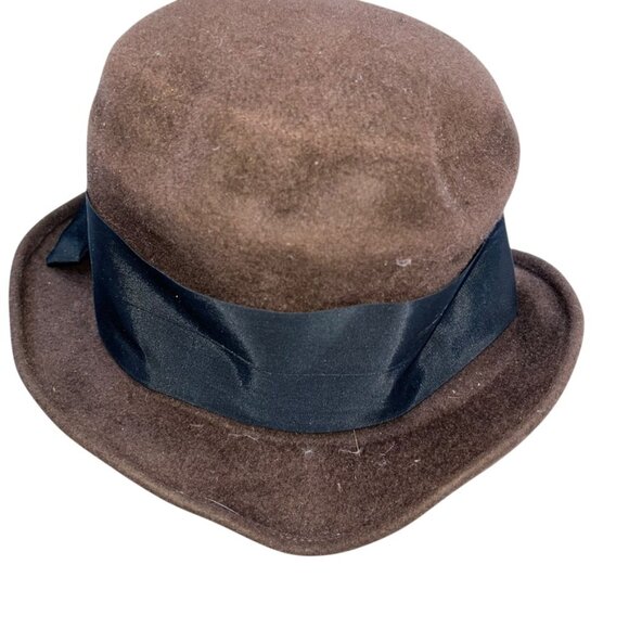 Brown black felt ribbon bow hat London Susy Krakowski Vintage England - Picture 5 of 7